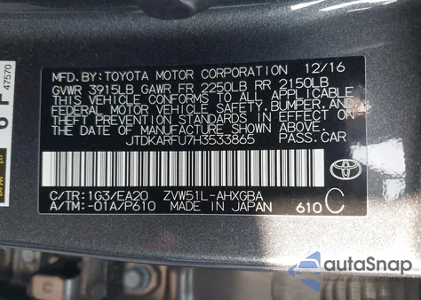 2017 Toyota Prius Four z USA, uszkodzony, nr VIN JTDKARFU7H3533865